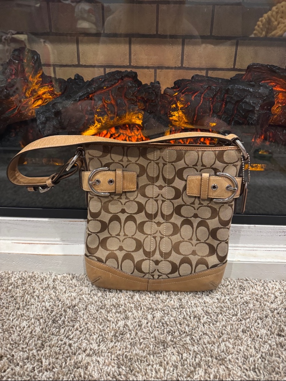 Coach Tan Signature Canvas Messenger with Leather Trim